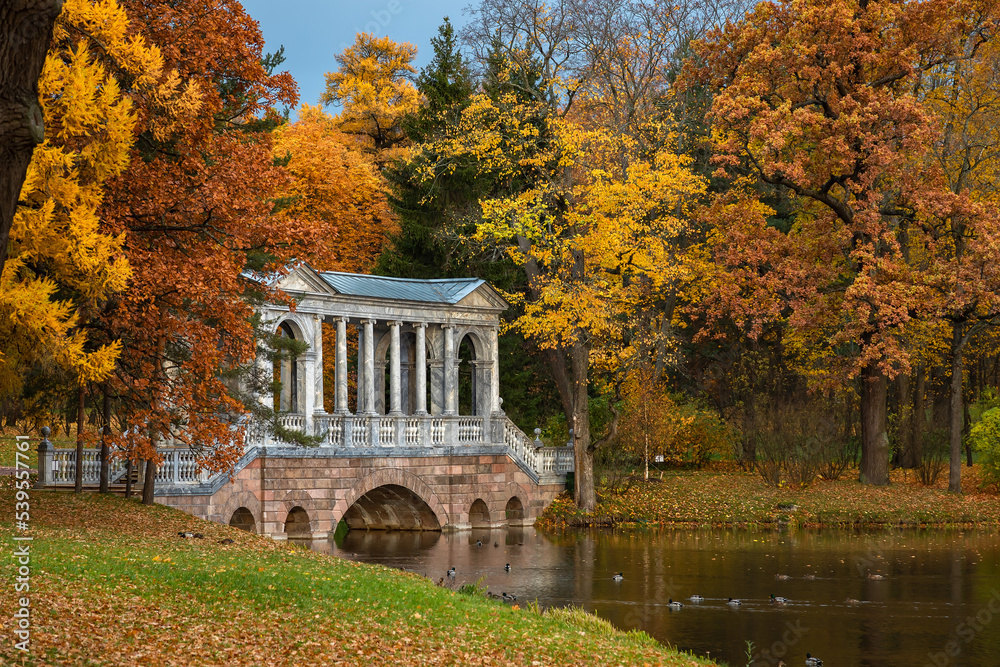 Obraz premium Marble bridge in the autumn park in the city of Pushkin near St. Petersburg