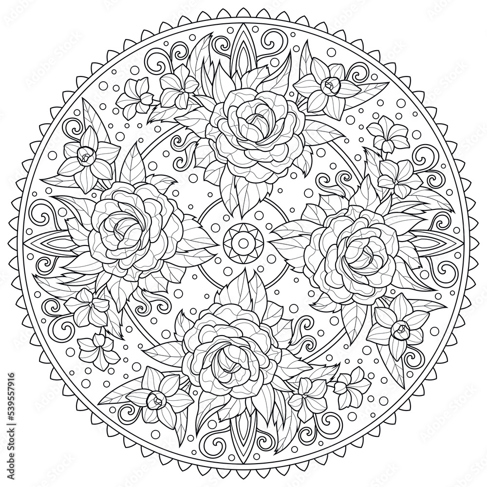 Mandala with roses. Ornament. Abstraction.Coloring book antistress for children and adults. Illustration isolated on white background.Zen-tangle style. 