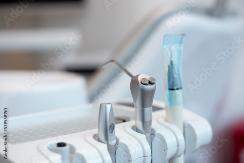 closeup of dentist dental clinic tools in consultory