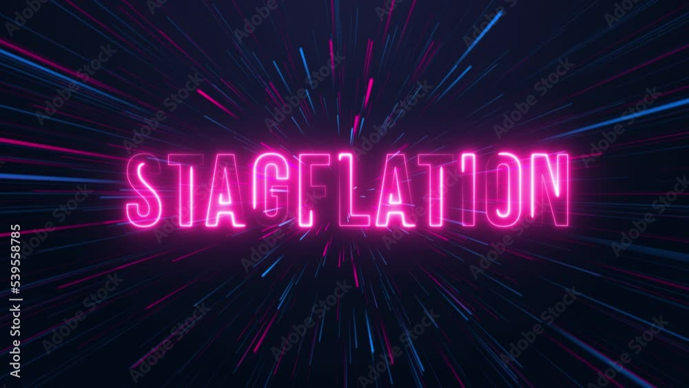 stagflation - neon text with neon lines animation.blue and pink color. Glowing Neon Lights concept.