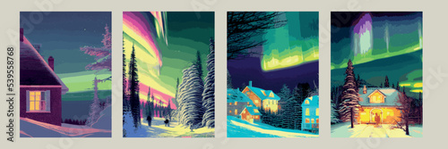 Pine forest, starry sky and Northern lights