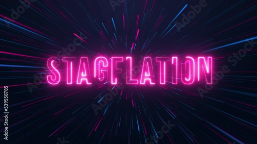 stagflation - neon text with neon lines animation.blue and pink color. Glowing Neon Lights concept. photo