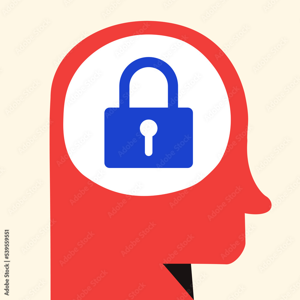 Human head silhouette thinks with lock symbol flat style concept illustration. Mental health vector 10 eps Human head silhouette thinks with lock symbol flat style concept illustration. Mental health vector 10 eps