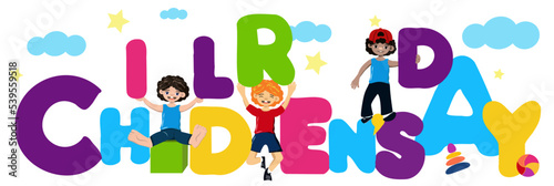 cheerful happy children from letters collect the phrase word childrens day in cartoon style on a white background