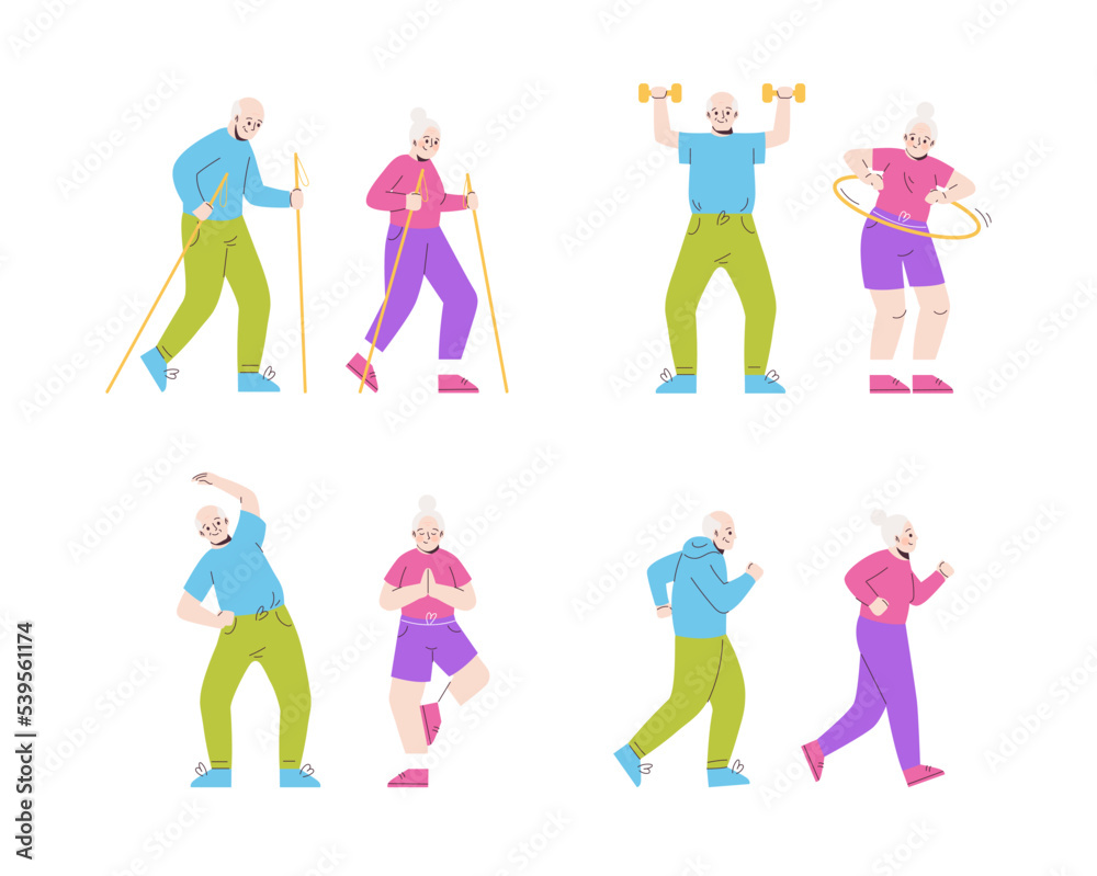 Set of elderly people take exercise. Seniors do different activities.