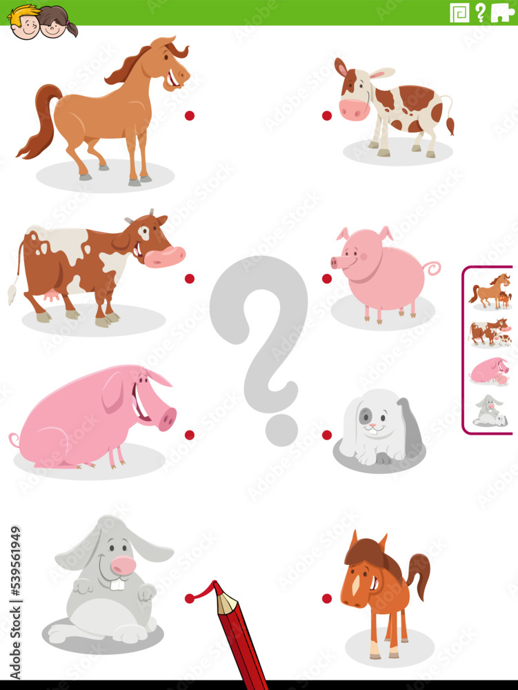 match cartoon farm animals and their babies educational activity