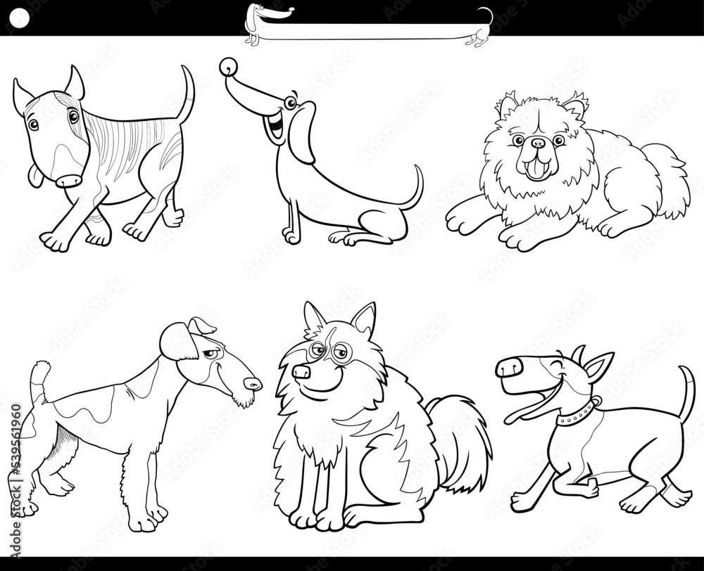 cartoon purebred dogs comic characters set coloring page