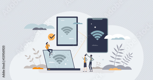 Mobile hotspot connection using mobile phone as router tiny person concept. Share internet public for free with laptop, tablet or cell vector illustration. Digital signal sharing with portable device.