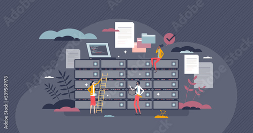 Data warehouse center with database storage systems tiny person concept. Information servers for cloud uploads and large file quantity vector illustration. Room with HDD or SSD disc pile for hosting.
