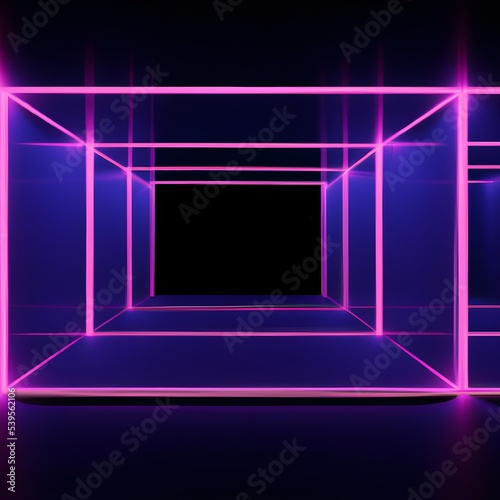 Glowing blue neon cube, futuristic box