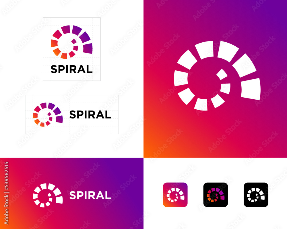 Spiral logo. Helix emblem. Logo consists of geometric shapes. Identity, corporate style, app button set. Spiral logo. Helix emblem. Logo consists of geometric shapes. Identity, corporate style, app button set.