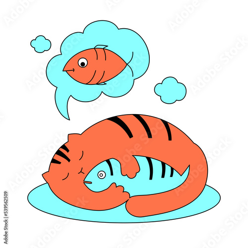 A fat, red-haired cat sleeps and dreams of a fish
