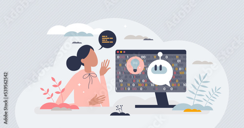 Machine learning course and AI tech skills development tiny person concept. Artificial intelligence teaching and algorithm specialist vector illustration. Technology improvement with smart programming