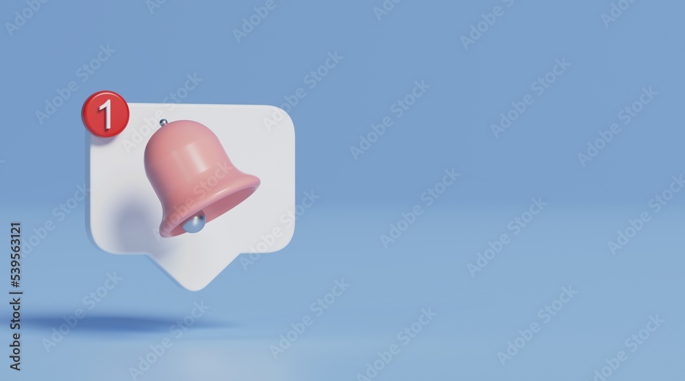 Notification message pink bell icon social media on pastel blue background. 3d render. Notification message pink bell icon social media on pastel blue background. 3d render.