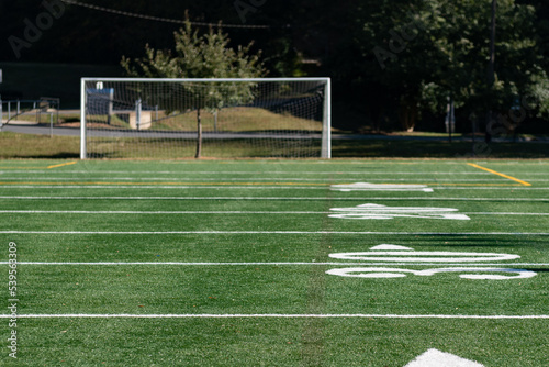 Green synthetic turf field on a clear autumn day with a shallow depth of field and copy space