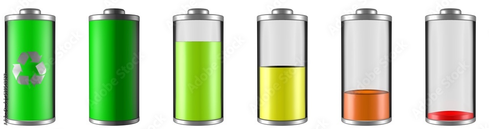 3D illustration. Battery charge indicator icons. Phone charge level, color collection of charge power. Discharged and fully charged battery. Battery charge from high to low. 3D illustration. Battery charge indicator icons. Phone charge level, color collection of charge power. Discharged and fully charged battery. Battery charge from high to low.