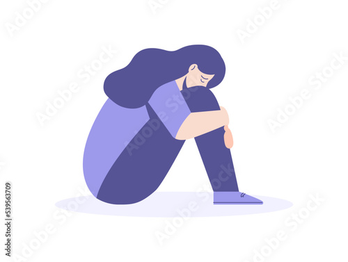 Sad girl sits and hug her knees. Female character is disappointed. Women's depression concept