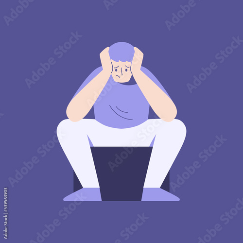 Frustrated worried man sits and holds his head. Character is anxious. Depression, fear. Young unhappy, sad male character. Middle age crisis.