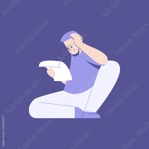 Frustrated man looks at the check and can't pay his bills. Male character reading a bad letter. Bad news, test results