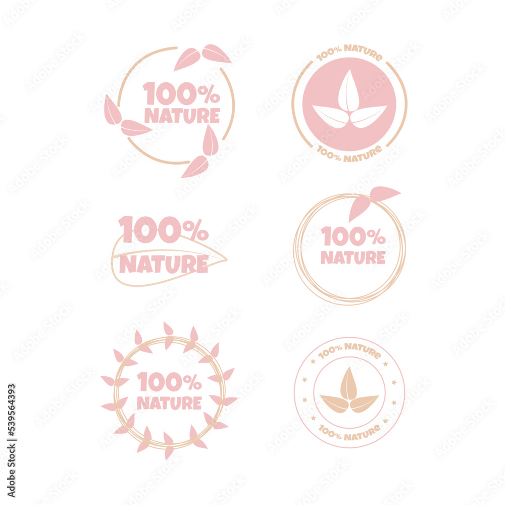 Eco, bio, organic and natural products sticker, label, badge and logo.
Ecology icon. Logo template with pink and peach leaves for organic and eco
friendly products. Vector illustration