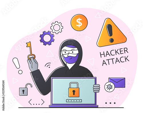 Hacker activity concept. Man in dark clothes with key near laptop. Danger on Internet and theft of personal data and information. Poster or banner for website. Cartoon flat vector illustration