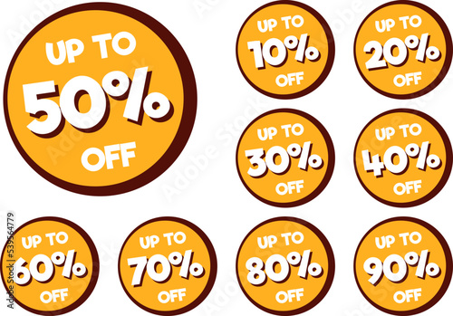 Sale tags set vector badges template, 10 off, 20 %, 30, 40, 50, 60, 70, 80, 90 percent sale label symbols