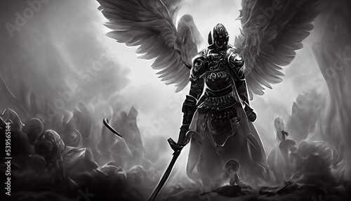 An angel fights with a demon. Eternal battle good vs evil. Inspired by Bible and Egyptian religion. Epic war between God and devil. White wings spread wide. Dark background, apocaliptic scenerio. 