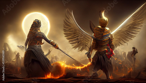 An egyptian angel fights with a warrior. Eternal battle good vs evil. Inspired by Bible and Egyptian religion. Epic war between God and devil. White wings spread wide. apocaliptic scenerio. 
