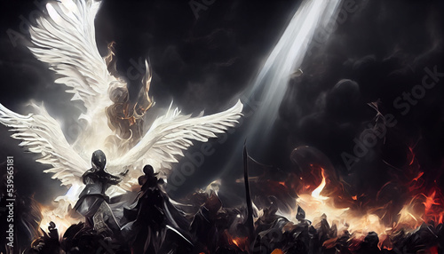 An angel fights with a demon. Eternal battle good vs evil. Inspired by Bible and Egyptian religion. Epic war between God and devil. White wings spread wide. Dark background, apocaliptic scenerio. 