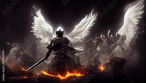 An angel fights with a demon. Eternal battle good vs evil. Inspired by Bible and Egyptian religion. Epic war between God and devil. White wings spread wide. Dark background, apocaliptic scenerio. 