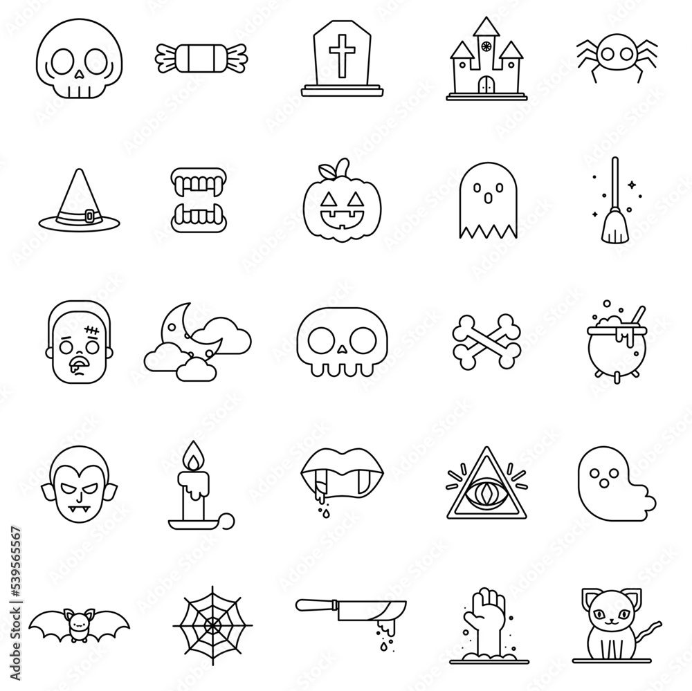 Halloween icons. outline thin line icons. Collection of perfectly thick icons for web design, app, poster, flyer and modern projects. Big icons. halloween