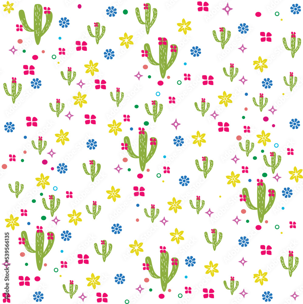 Seamless abstract pattern with cacti and flowers, hand-drawn with a brush on a white background. Square design for fabric, wallpapers, scrapbooks, packaging, invitation cards. vector illustration Seamless abstract pattern with cacti and flowers, hand-drawn with a brush on a white background. Square design for fabric, wallpapers, scrapbooks, packaging, invitation cards. vector illustration