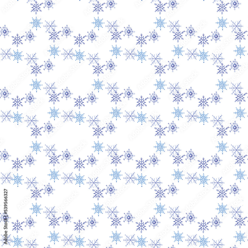 Snowflake patterns. Blue snowflake. Watercolor illustration. Hand drawn pattern.