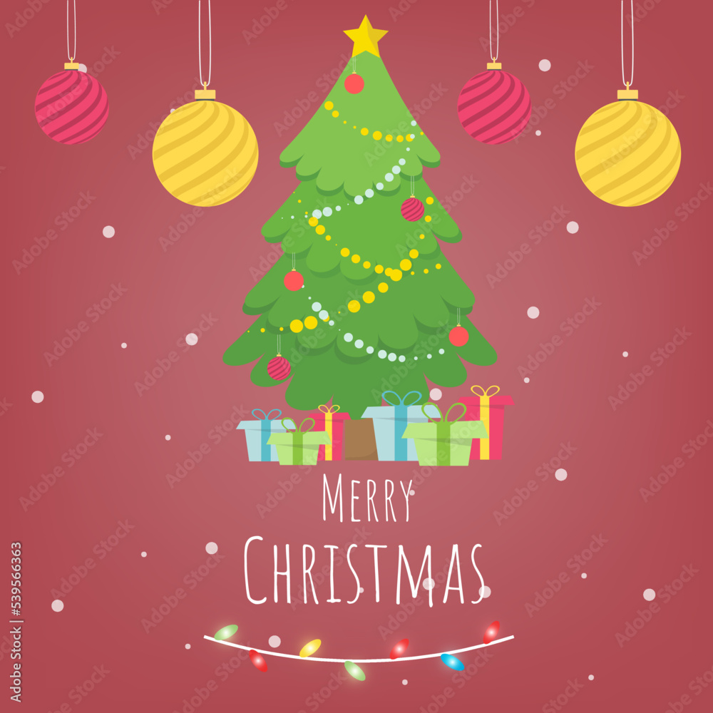 Merry Christmas and happy new year background. Cute christmas tree with decorations greeting card. Vector illustration.