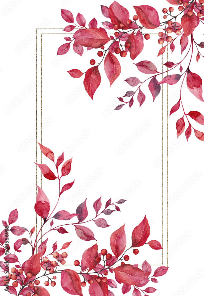 Watercolor autumn frame with fall flowers, leaves, berry and mushroom ...