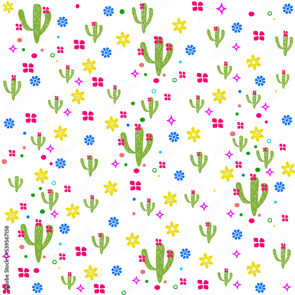 Seamless abstract pattern with cacti and flowers, hand-drawn with a brush on a white background. Square design for fabric, wallpapers, scrapbooks, packaging, invitation cards.  illustration