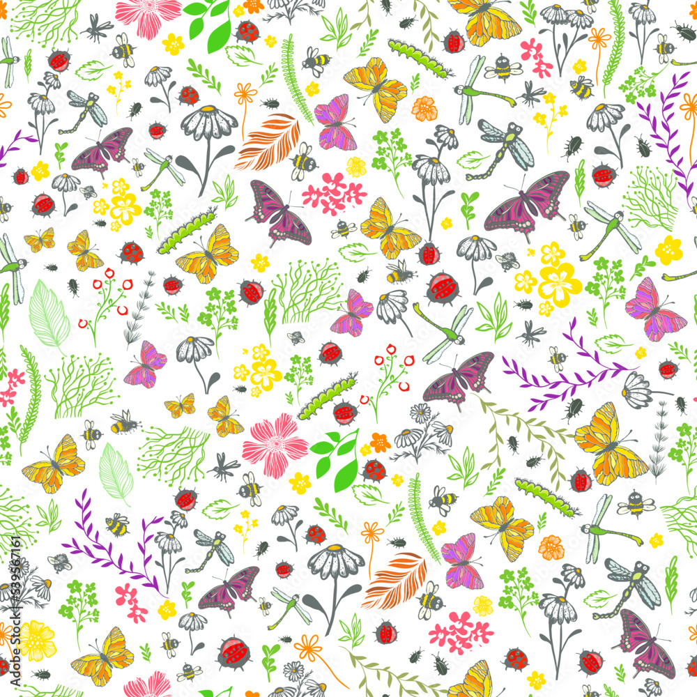 Seamless botanical background with flowers and butterflies. Vector illustration