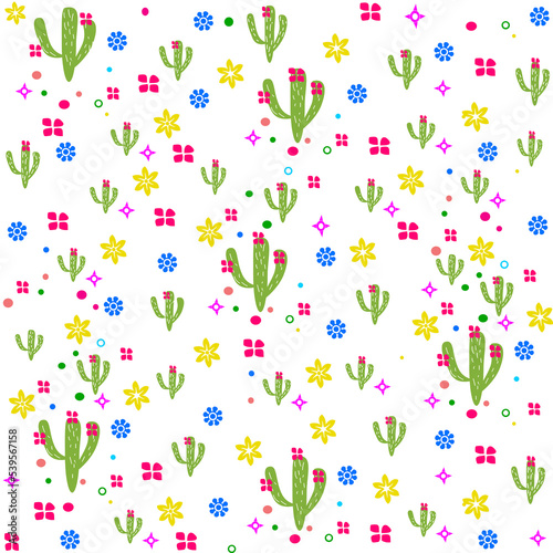 Seamless abstract pattern with cacti and flowers, hand-drawn with a brush on a white background. Square design for fabric, wallpapers, scrapbooks, packaging, invitation cards.  illustration © nina_rubanyuk