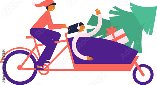 Man in red hat riding cargo bicycle with woman spruce and Christmas gifts. Young happy couple riding bakfiets with presents and Christmas tree. Flat illustration