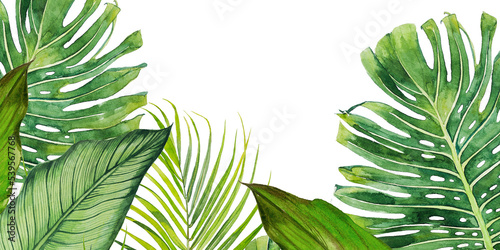 Tropical leaves frame. Watercolor island greenery design isolated on white,Premade wedding or birthday paradise themed background.