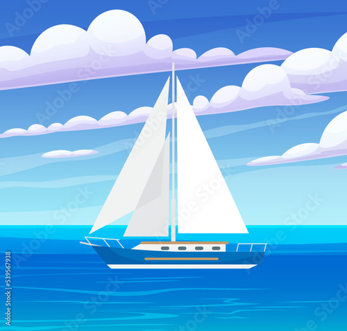 Sailing white ship in open sea. Seascape and white sail. Concept of cruise, sea travel, sailoring, recreation. Yacht regatta on wave blue ocean. Yachting summer vacation sport travel adventure time