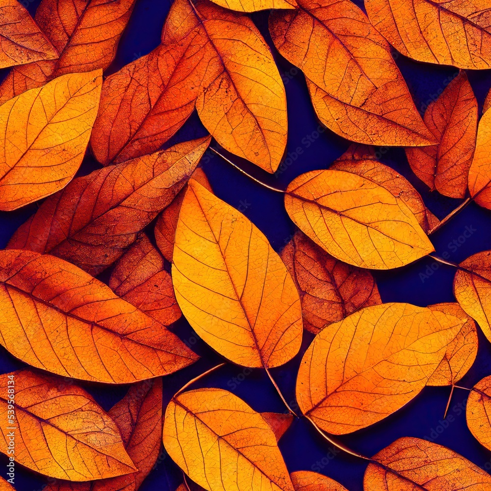 Orange autumn leaves on dark background seamless pattern