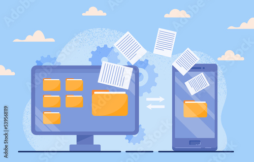 Data transfer concept. Modern technologies and digital world, cloud storage, archive and online services, information exchange. Remote work and wireless connection. Cartoon flat vector illustration