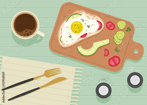 Delicious breakfast of hot coffee and a sandwich with egg and vegetables, sprinkled with herbs and spices. Cutting board with sliced vegetables. Table setting, top view. Vector illustration.