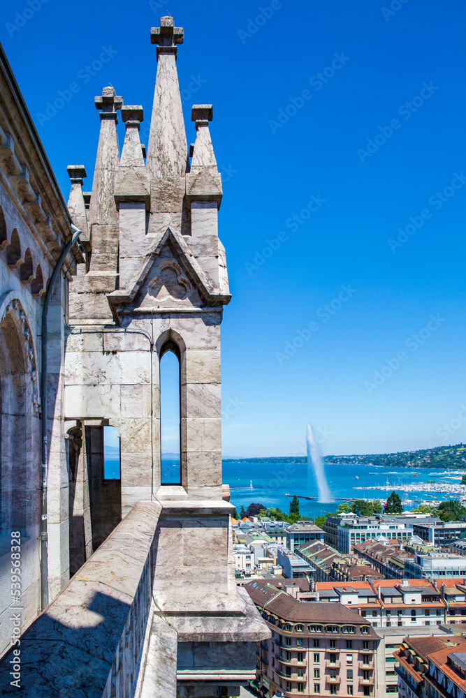 View of Geneva, Switzerland  and the Jet d-Eau from the north tower of St. Pierre's Cathedral