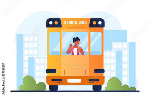 Happy student at bus. Woman with backpack dancing in vehicle. Education, learning and training. Symbol of September 1st and International knowledge Day, holiday. Cartoon flat vector illustration