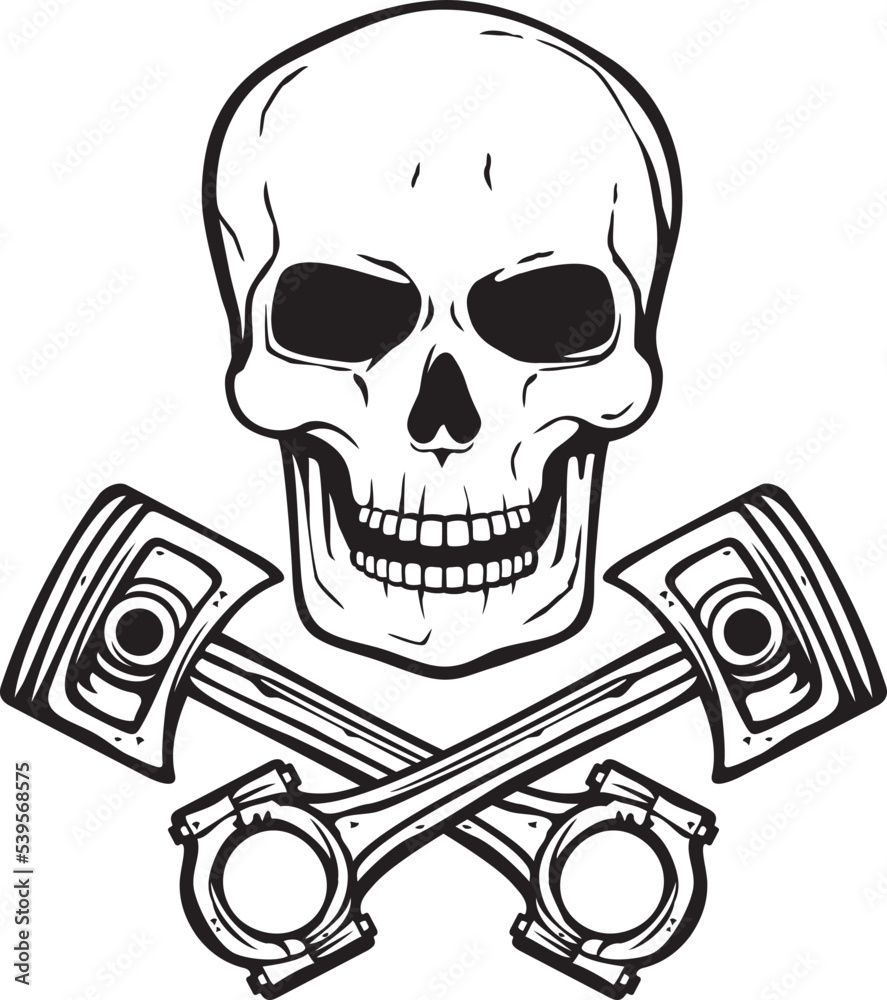 Human Skull with Crossed Engine Pistons Black and White. Vector Illustration. Human Skull with Crossed Engine Pistons Black and White. Vector Illustration.