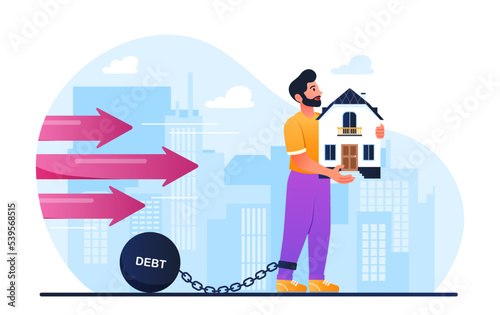 Home debt concept. Man stands in shackle with building in his hands. Metaphor of debt and financial illiteracy. Character pays mortgage interest. Poster or banner. Cartoon flat vector illustration