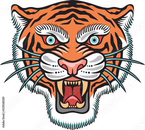 Traditional tiger head. Old school tattoo design. Asian wild cat. Vector Illustration.