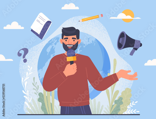Journalist day concept. Man with microphone on background of globe broadcasting news and information, mass media. International holiday and festival metaphor. Cartoon flat vector illustration
